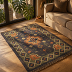 Geometric Indigo Punja-Woven Jute and Wool Rug, The Woven Floor. Handmade in India by House of Taraasha.