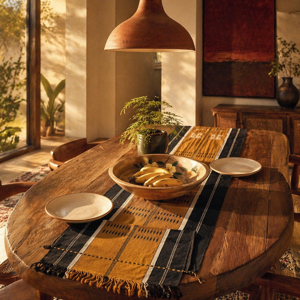 Naga Backstrap-Woven Runner Mustard and Black, The Gathered Table. Handmade in India by House of Taraasha.