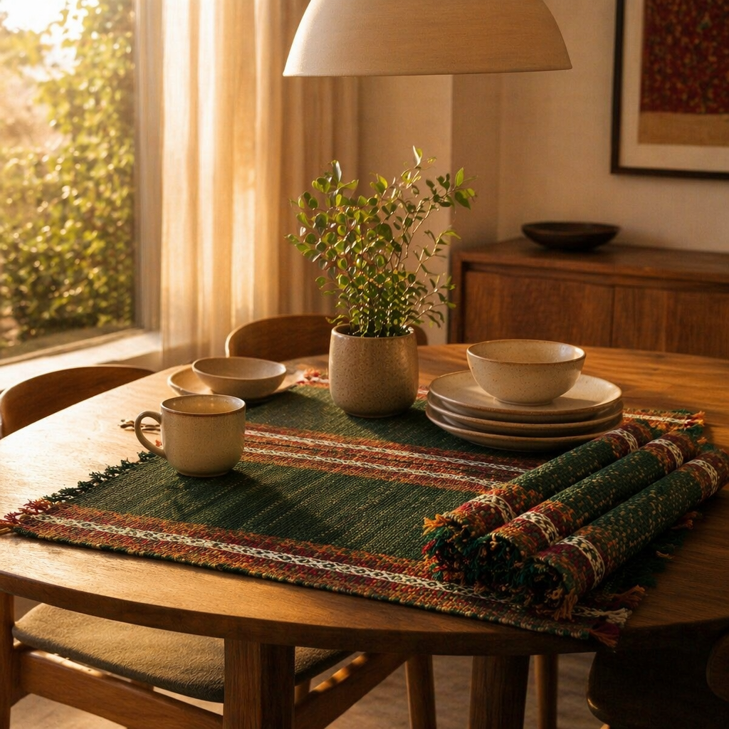 Forest Green Handwoven Grass Table Mat, The Gathered Table. Handmade in India by House of Taraasha.