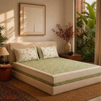 Marigold Fern Green and Off-White Bedsheet, The Linen Room. Handmade in India by House of Taraasha.