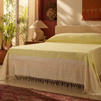 Leaf Green and Beige Handwoven Cotton Bed Cover, The Linen Room. Handmade in India by House of Taraasha.