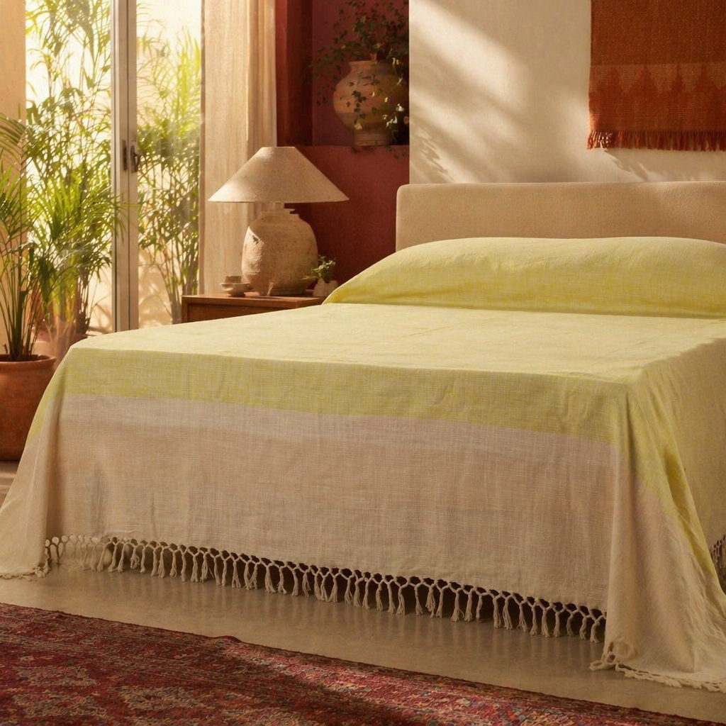 Leaf Green and Beige Handwoven Cotton Bed Cover, The Linen Room. Handmade in India by House of Taraasha.