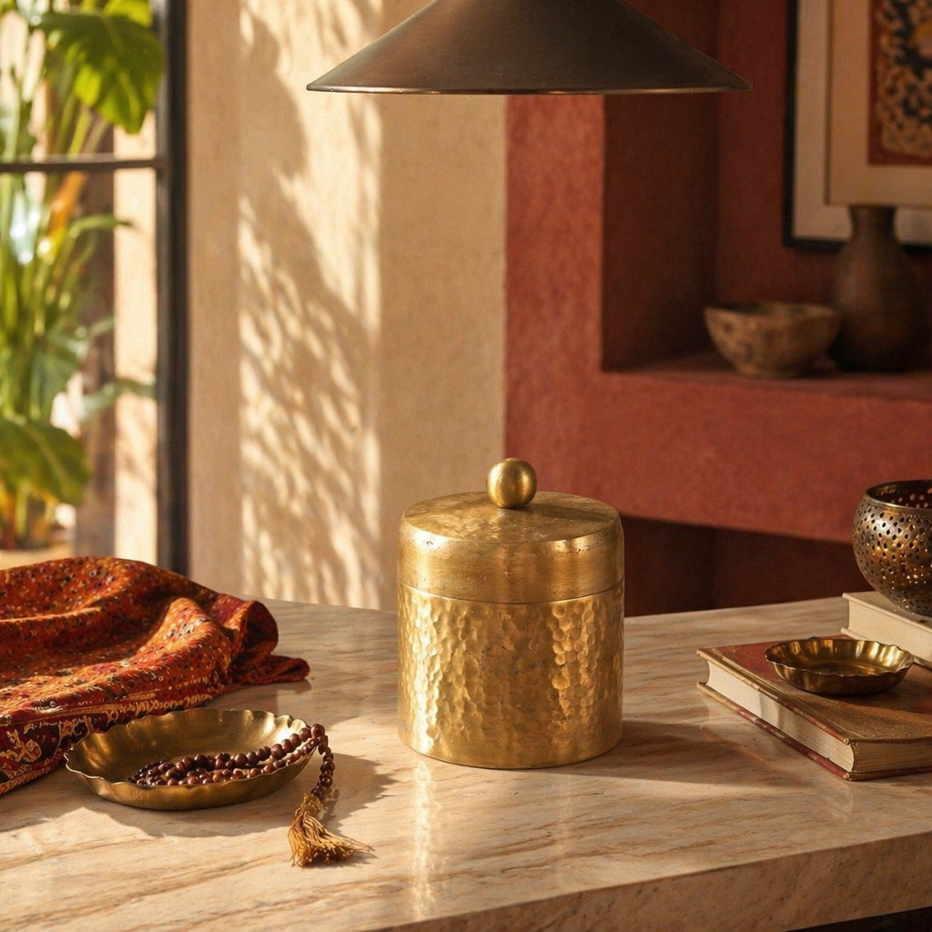 Moradabad Hammered Pure Brass Dabba, Small, The Brass Atelier. Handmade in India by House of Taraasha.