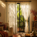 Marigold Sheer Hand Block-Printed Teal and Green Mulmul Curtain, The Draped Window. Handmade in India by House of Taraasha.