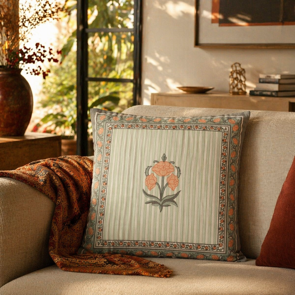 Floral Green and Dusty Pink Hand-Printed Cushion Cover, The Living Room. Handmade in India by House of Taraasha.