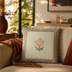 Floral Green and Dusty Pink Hand-Printed Cushion Cover, The Living Room. Handmade in India by House of Taraasha.