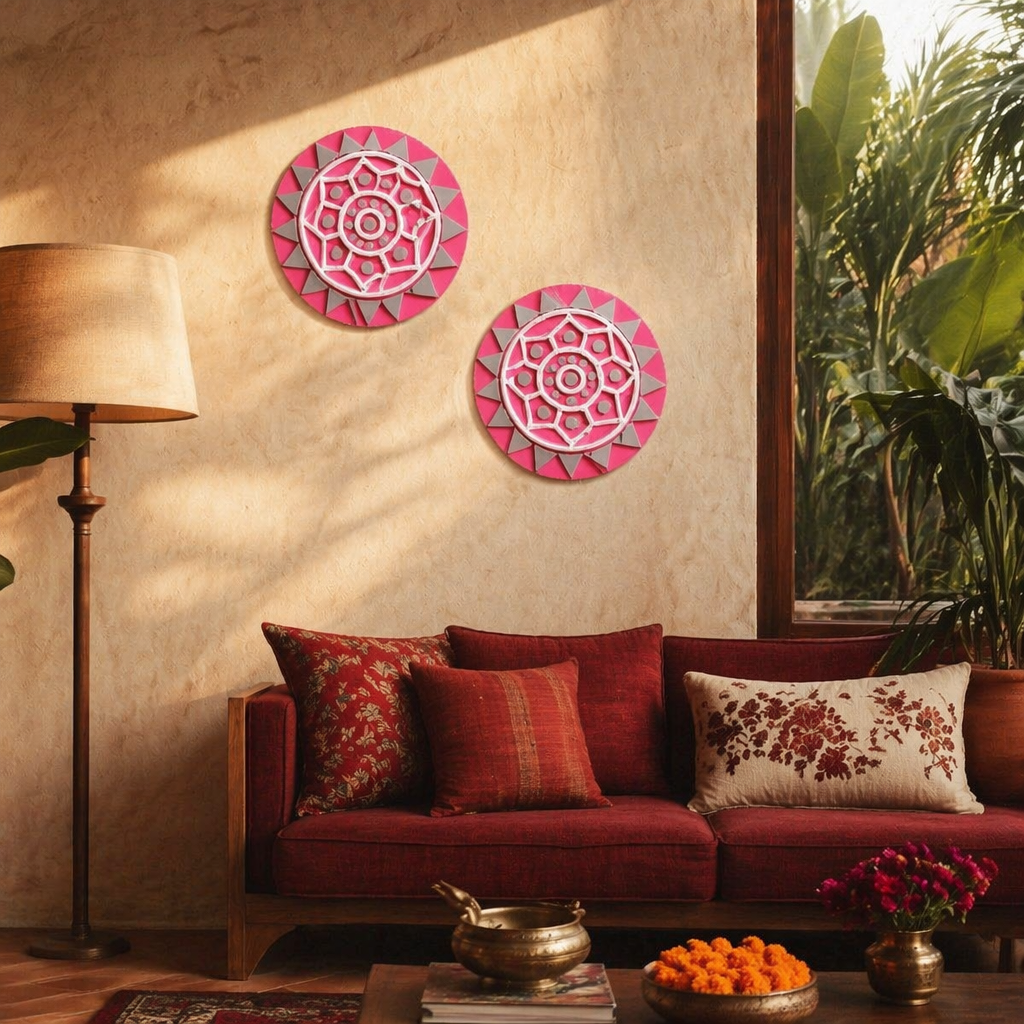 Pink Lippan Round Wall Medallions Pair, The Art Wall. Handmade in India by House of Taraasha.