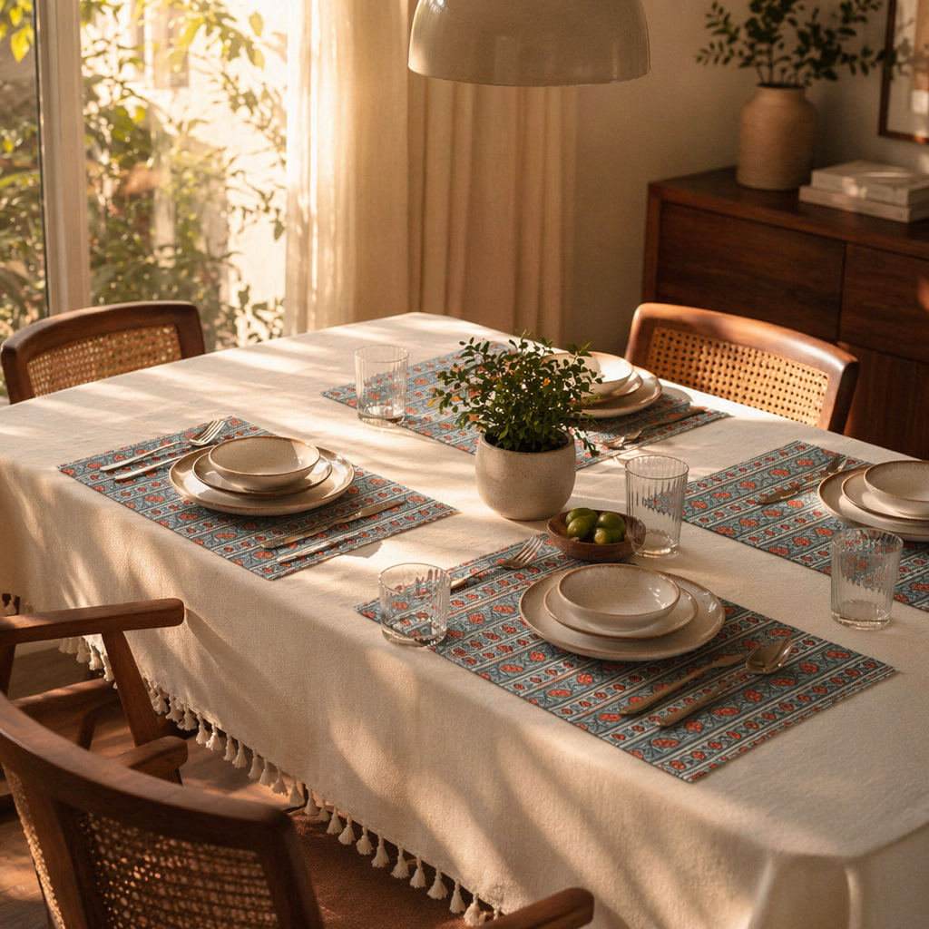Green & Dusty Pink Floral Cotton Table Mat, The Gathered Table. Handmade in India by House of Taraasha.