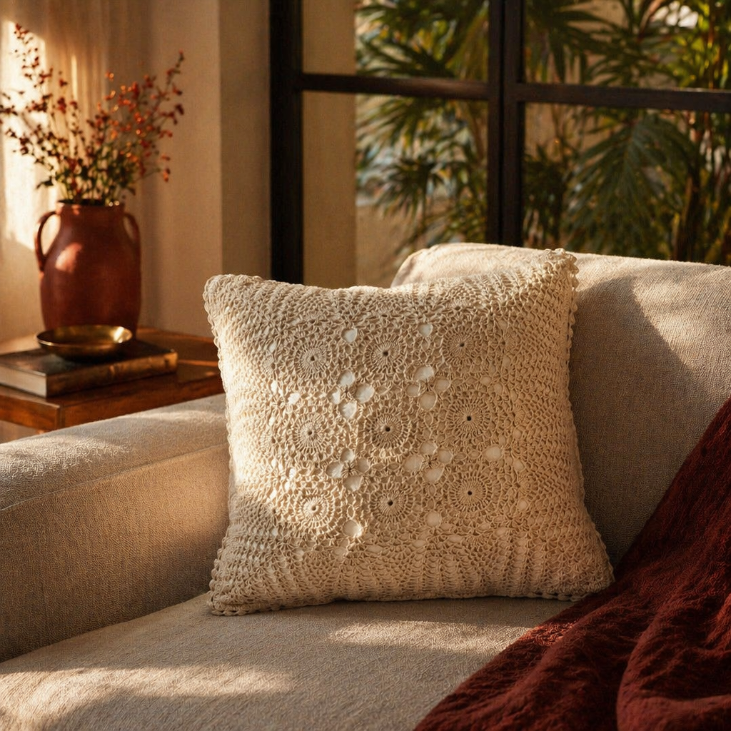 White Crochet Handmade Cotton Cushion Cover, The Living Room. Handmade in India by House of Taraasha.