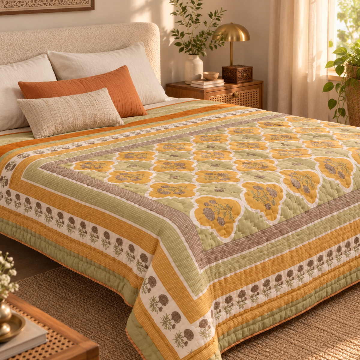 Sage & Mustard Mulmul Quilt, Marigold Motif in a modern home