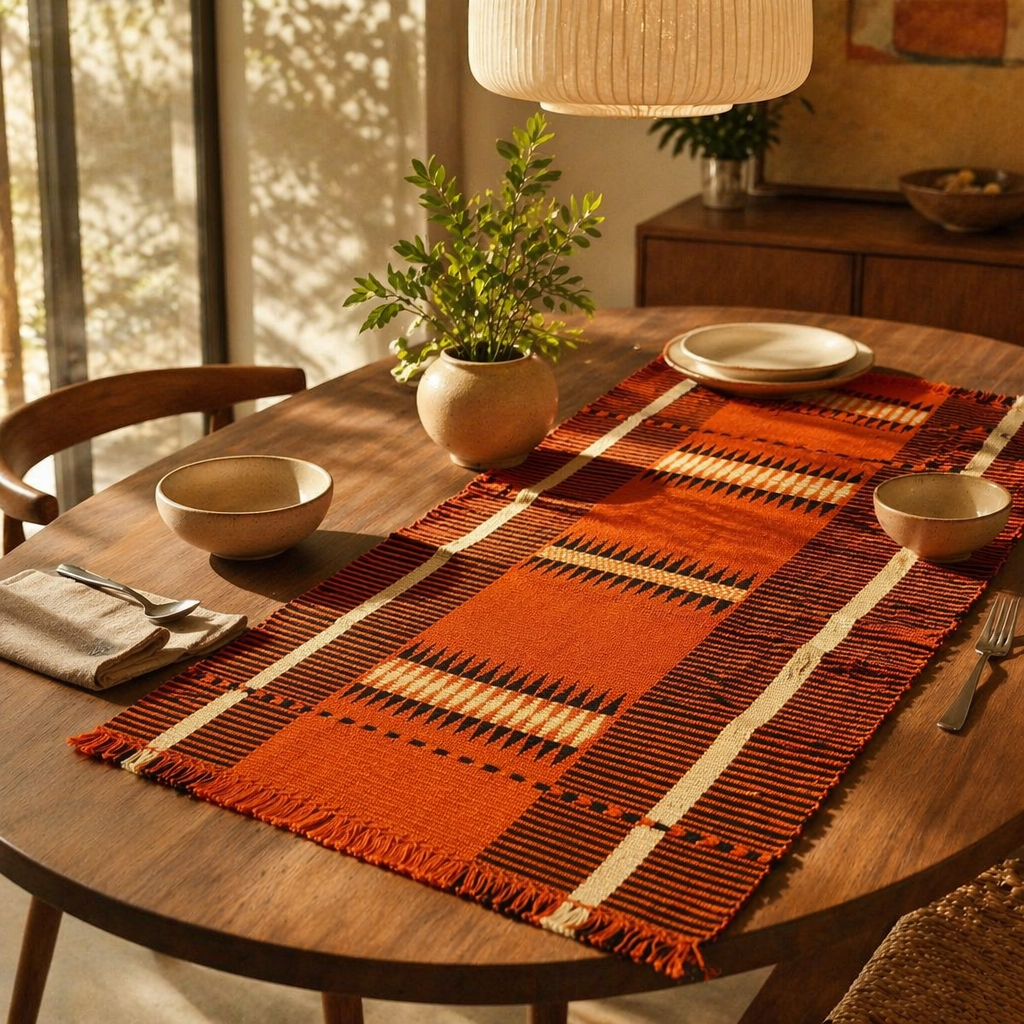 Tangerine Striped Naga Backstrap-Woven Table Mat, The Gathered Table. Handmade in India by House of Taraasha.