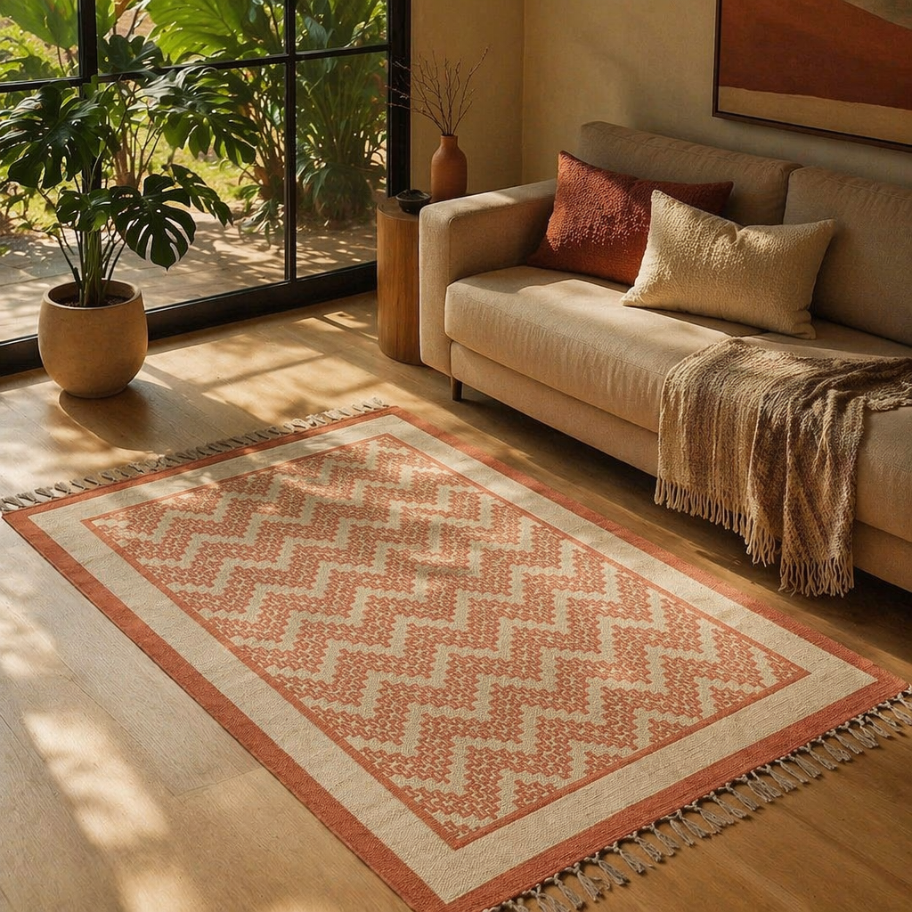 Chintz Chevron Ivory and Coral Hand Block-Printed Rug, The Woven Floor. Handmade in India by House of Taraasha.