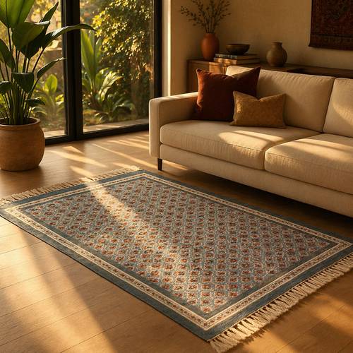 Blue and Dusty Pink Royal Courtyards Floral Rug, The Woven Floor. Handmade in India by House of Taraasha.