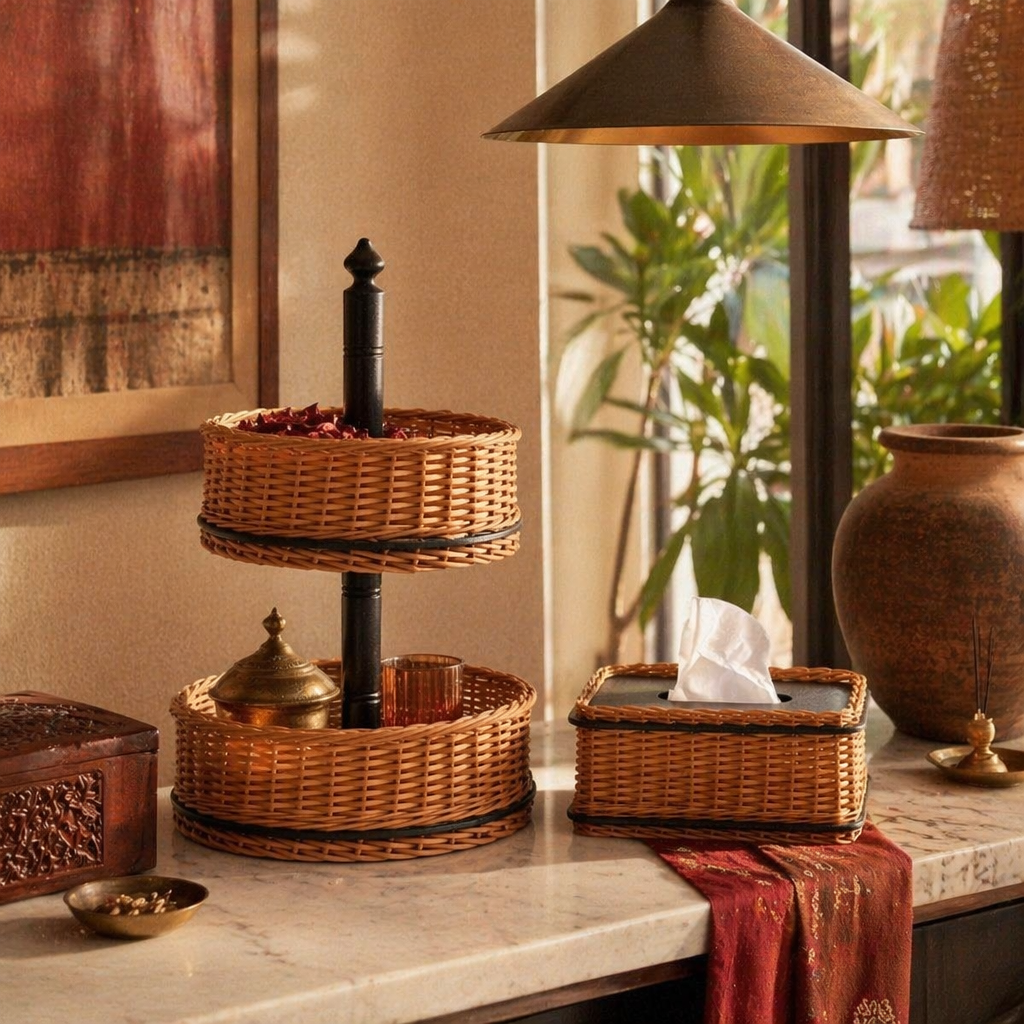 Kashmiri Willow Wicker Fruit Basket & Tissue Box, The Wicker House. Handmade in India by House of Taraasha.