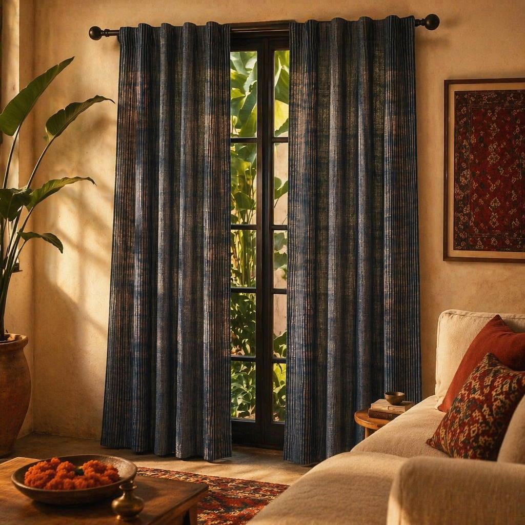 Handwoven Blue Striped Border Cotton Door Curtain, The Draped Window. Handmade in India by House of Taraasha.
