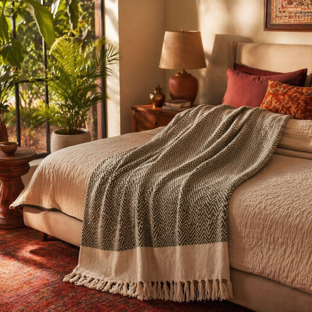 Chevron Green Handwoven Pure Cotton Throw, The Linen Room. Handmade in India by House of Taraasha.