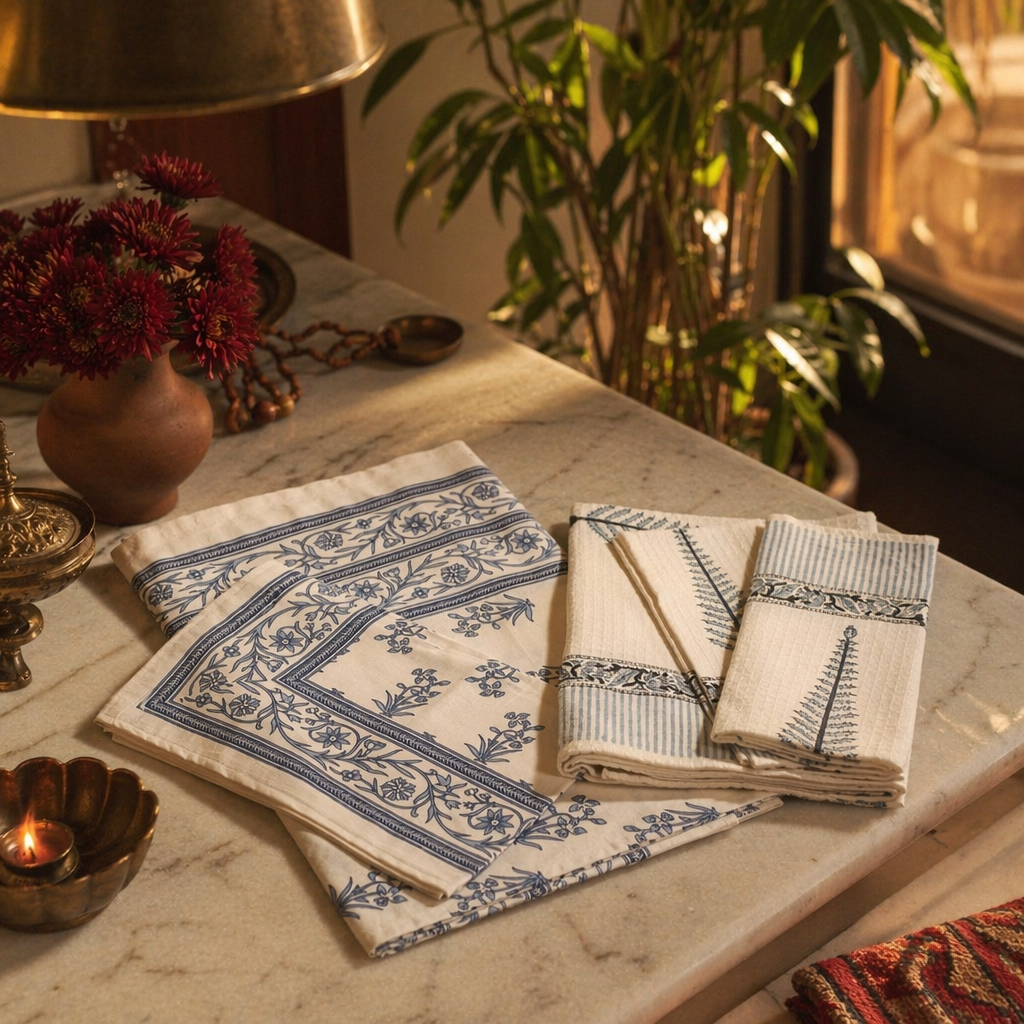 White and Blue Floral Bed and Bath Gift Set, The Gift Room. Handmade in India by House of Taraasha.