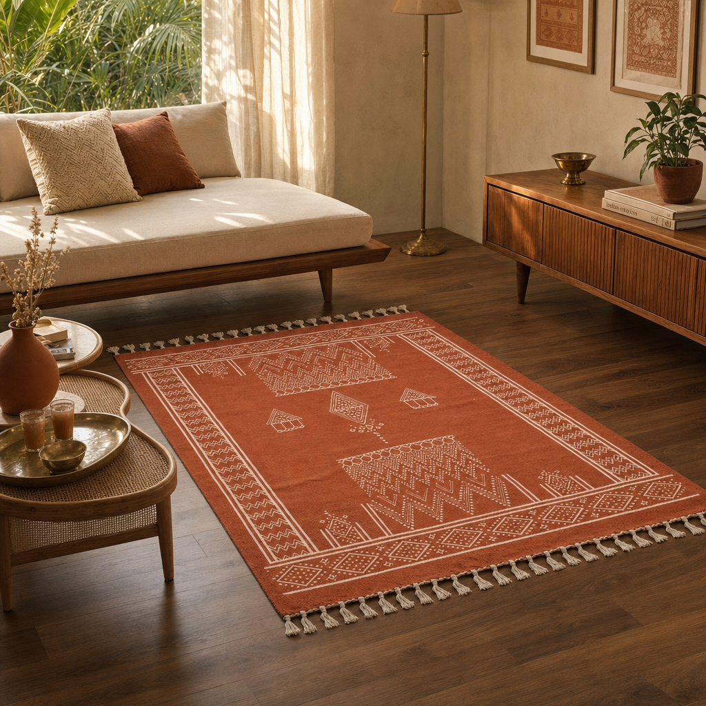 Mandana Diamond Hand-Printed Rust Cotton Rug in a modern home