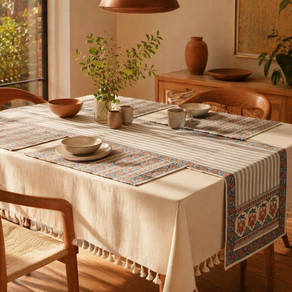 Blue & Dusty Pink Floral Cotton Runner & Mat Set, The Gathered Table. Handmade in India by House of Taraasha.