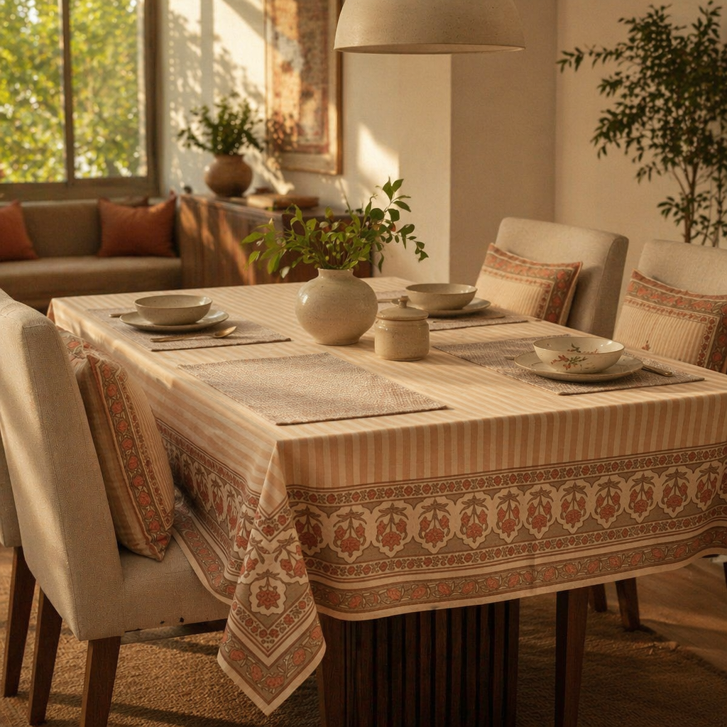 Dusty Pink Floral Cotton Tablecloth & Mat Set, The Gathered Table. Handmade in India by House of Taraasha.