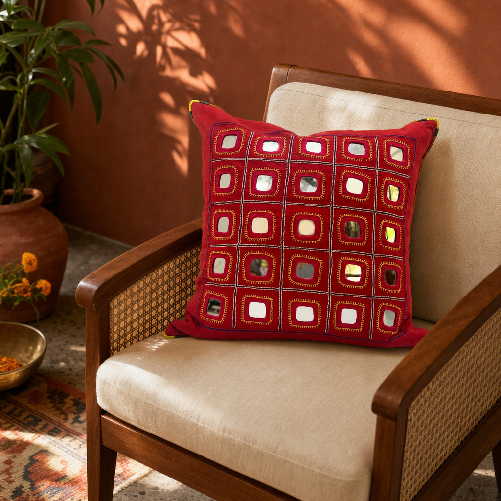 Lambani Mirror Work Hand-Embroidered Cotton Cushion Cover in a modern home