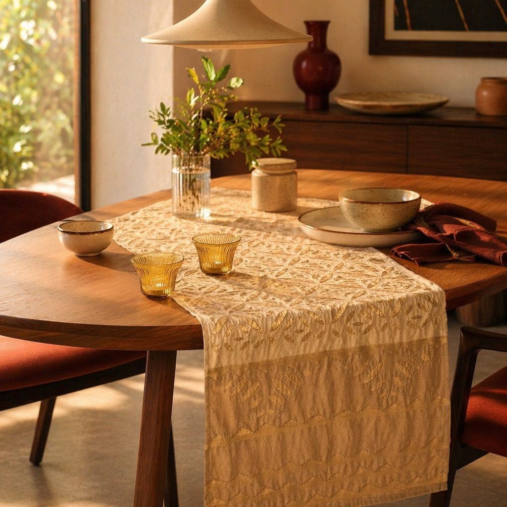 Applique Cutwork Runner Off-White and Taupe, The Gathered Table. Handmade in India by House of Taraasha.