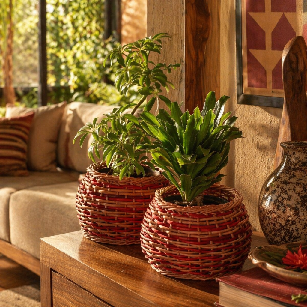 Willow Wicker Planter Rust and Indigo, Kashmir, The Art Wall. Handmade in India by House of Taraasha.