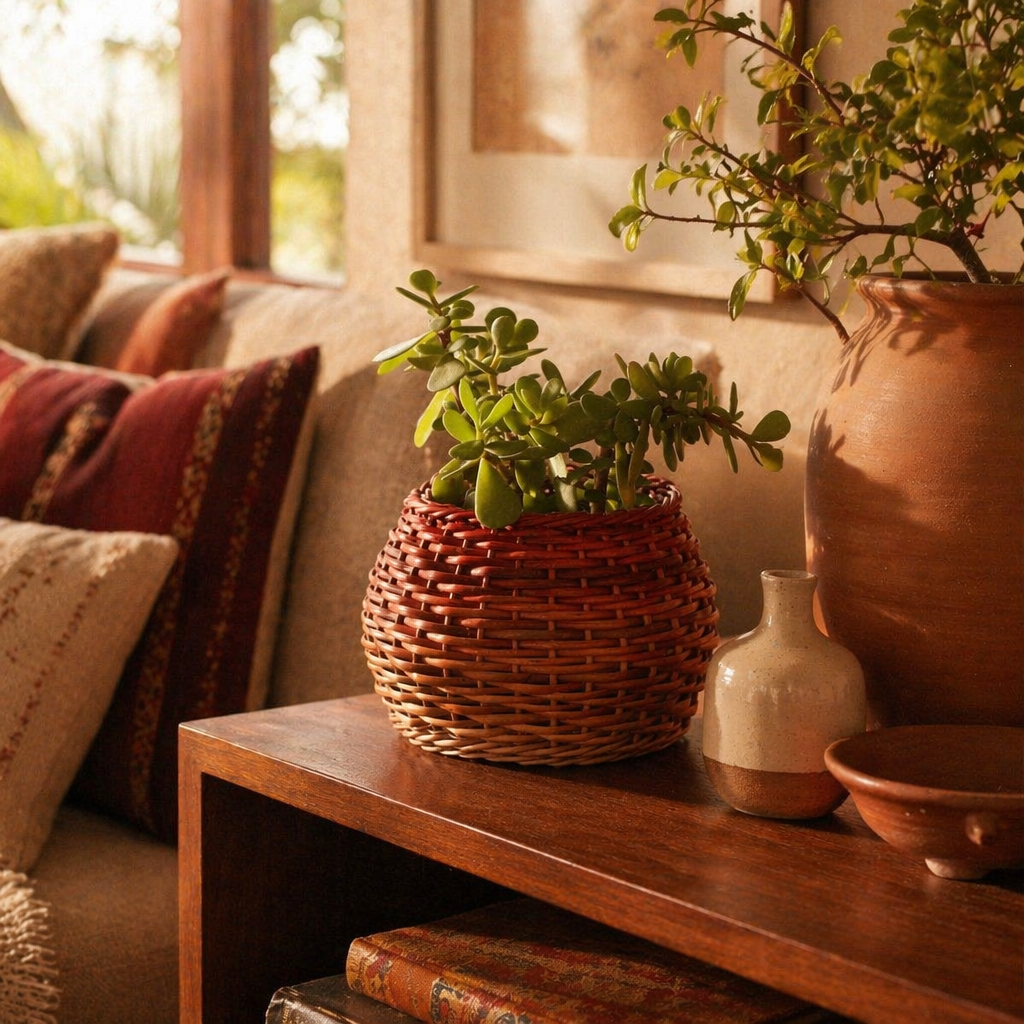 Rust and Brown Kashmiri Willow Wicker Planters, The Art Wall. Handmade in India by House of Taraasha.