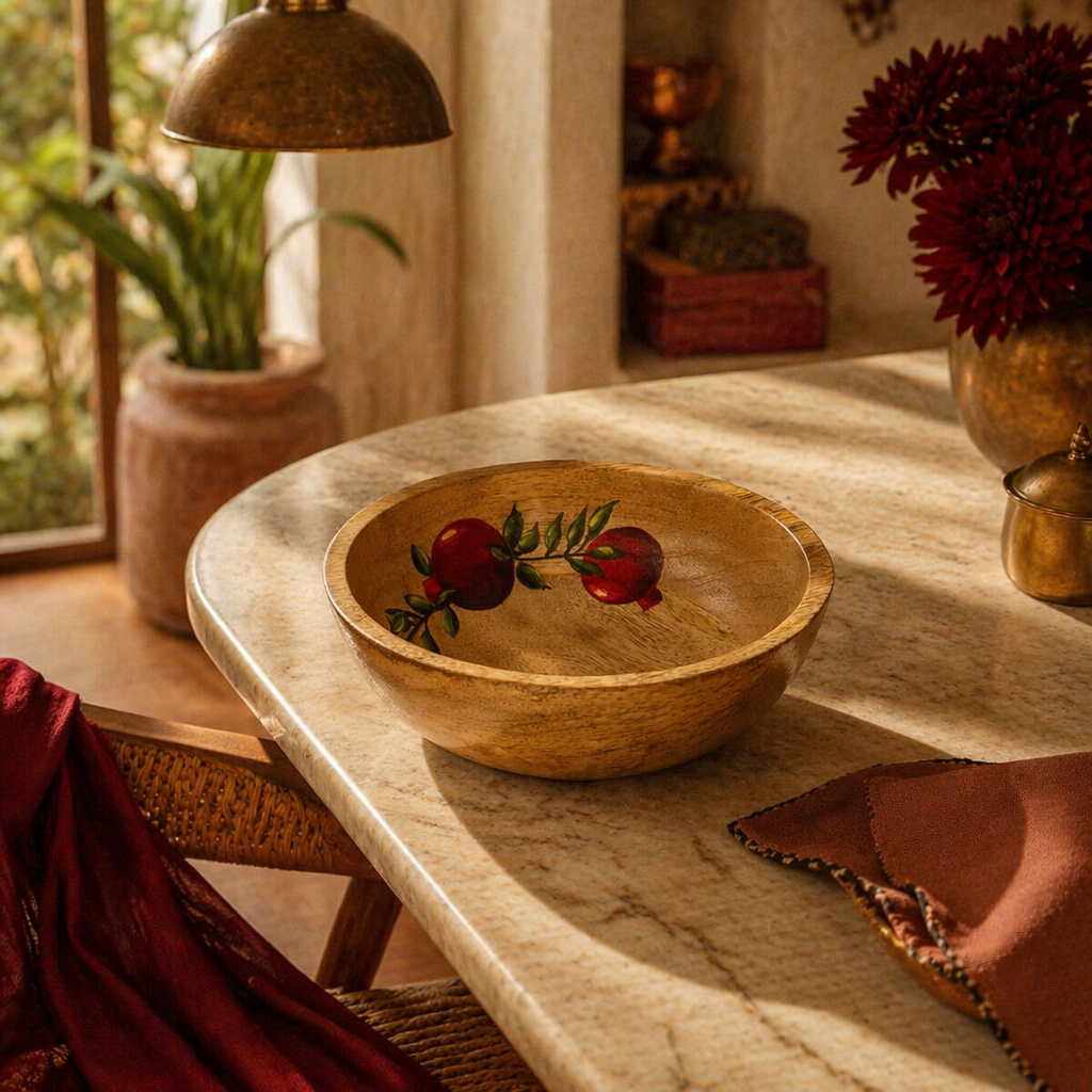 Rajasthan Hand-Painted Anar Mango Wood Salad Bowl, The Brass Atelier. Handmade in India by House of Taraasha.