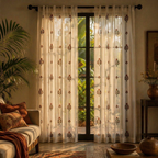 Mulmul Sheer Hand-Printed Rust and Green Floral Curtain, The Draped Window. Handmade in India by House of Taraasha.
