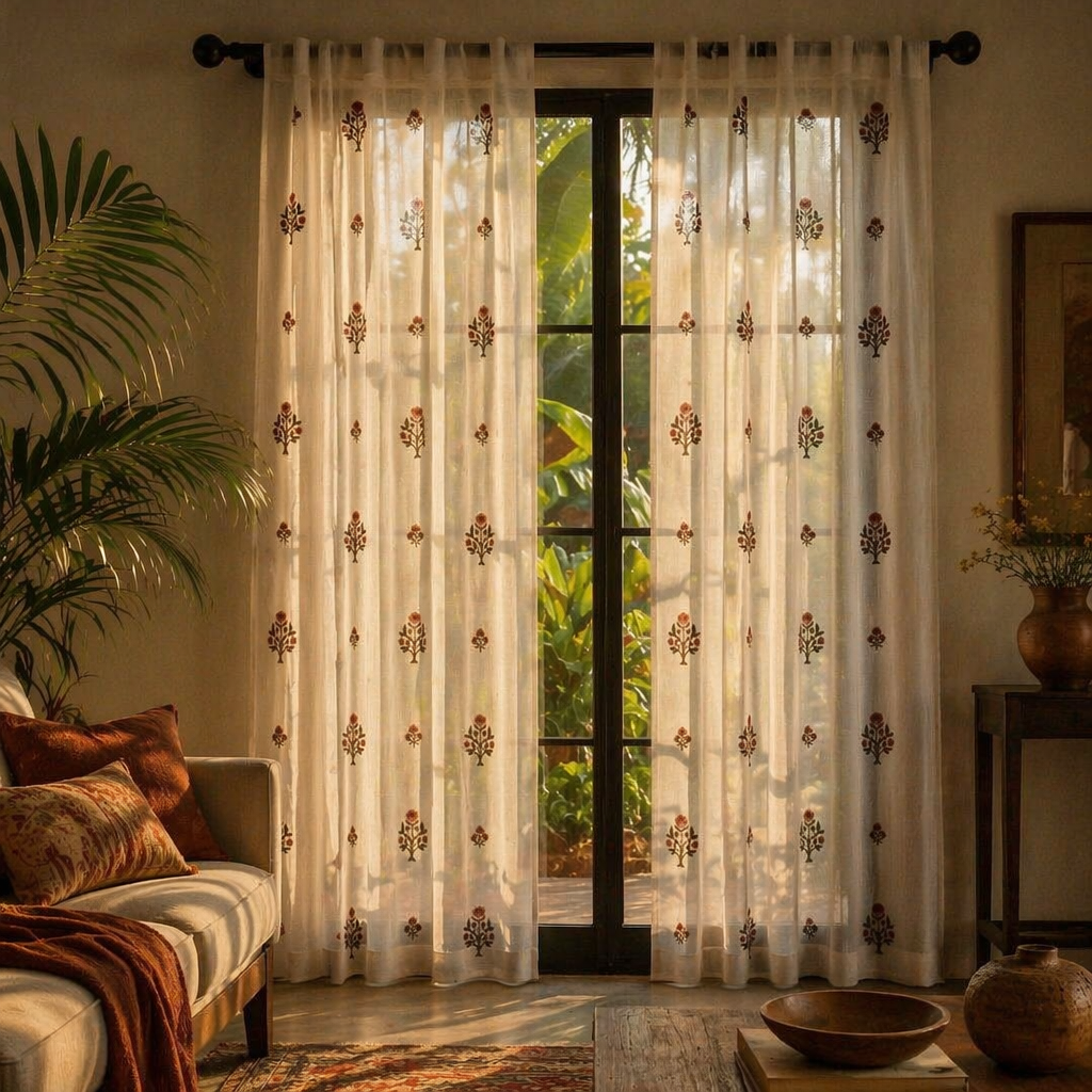Mulmul Sheer Hand-Printed Rust and Green Floral Curtain, The Draped Window. Handmade in India by House of Taraasha.