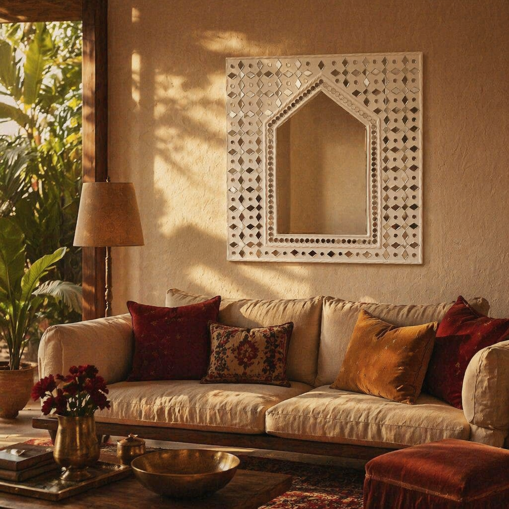 Lippan Hut Mirror White Clay and Glass, The Art Wall. Handmade in India by House of Taraasha.