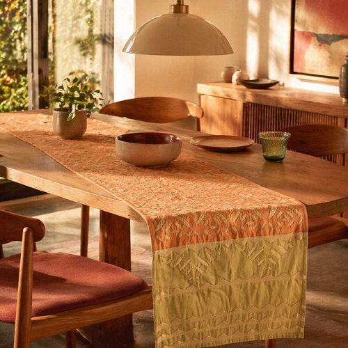 Applique Cutwork Runner Coral and Sage Green, The Gathered Table. Handmade in India by House of Taraasha.