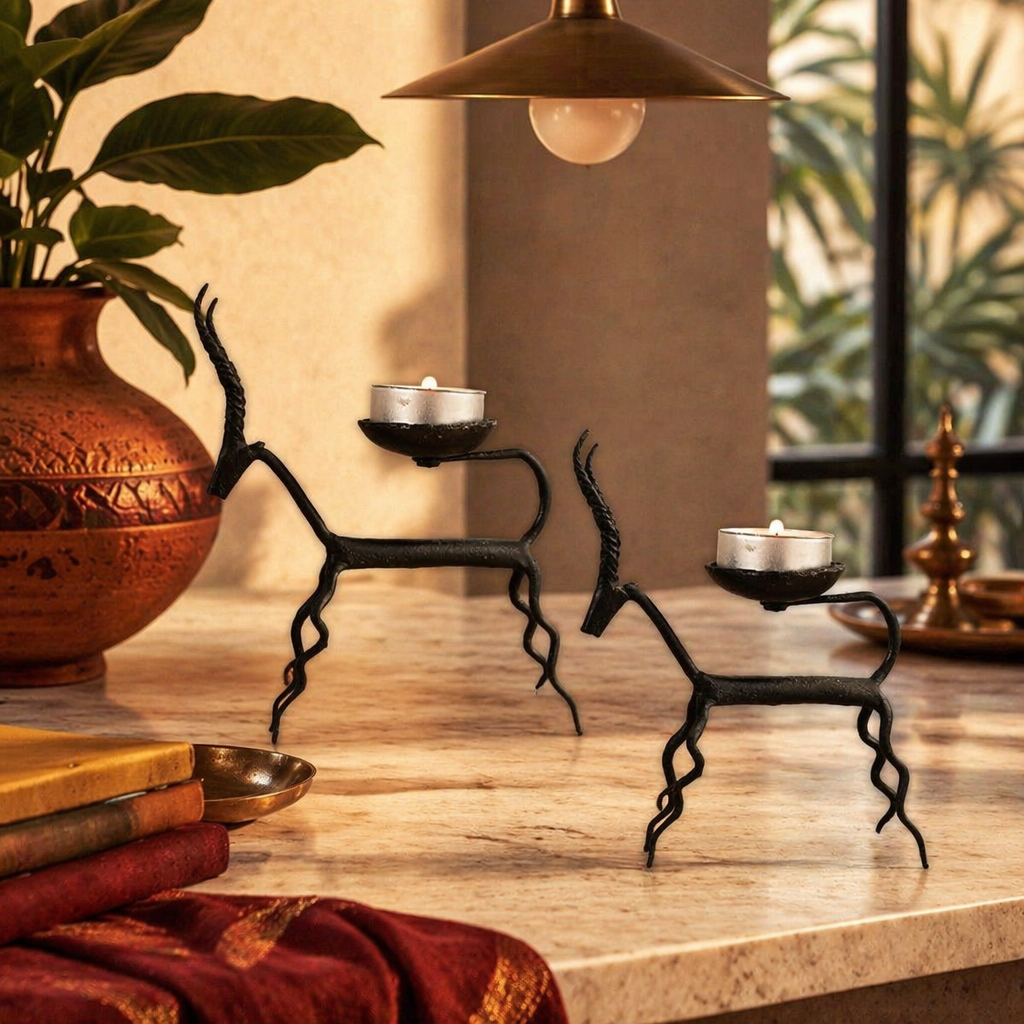 Iron Deer Bastar Lohshilp Wrought Iron Tea Lights, Still Light. Handmade in India by House of Taraasha.