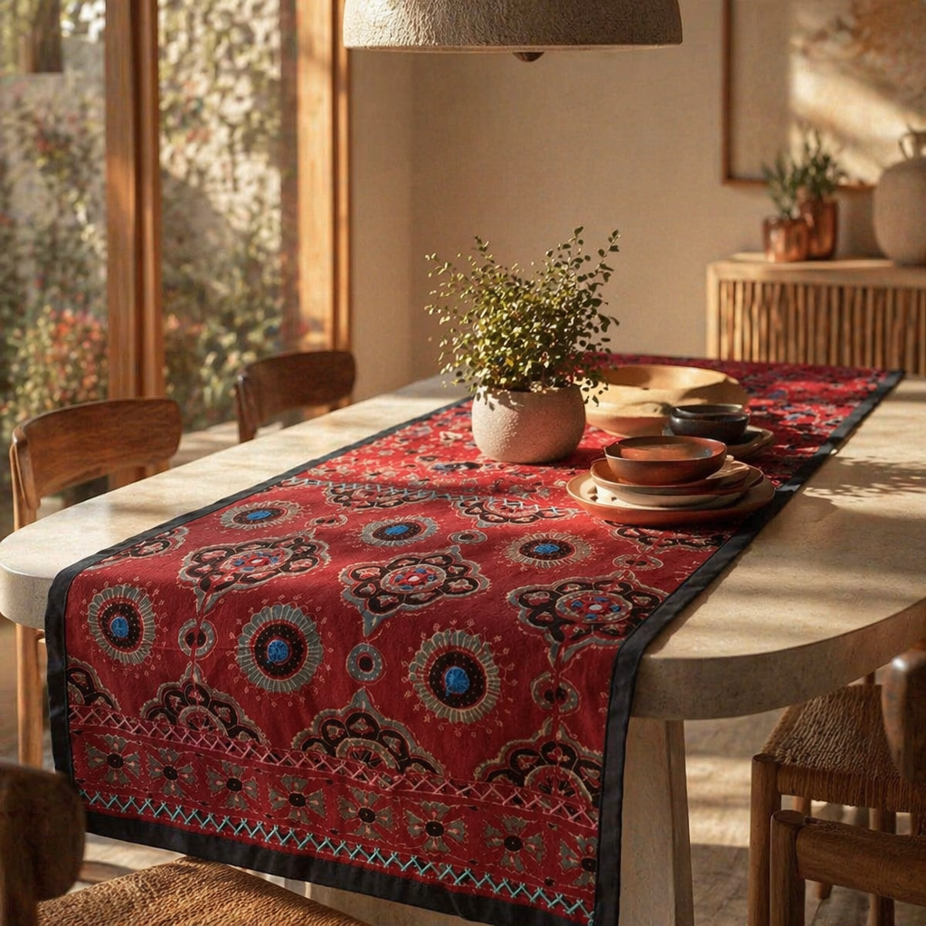 Ajrakh Red Block-Printed Cotton Table Runner, The Gathered Table. Handmade in India by House of Taraasha.