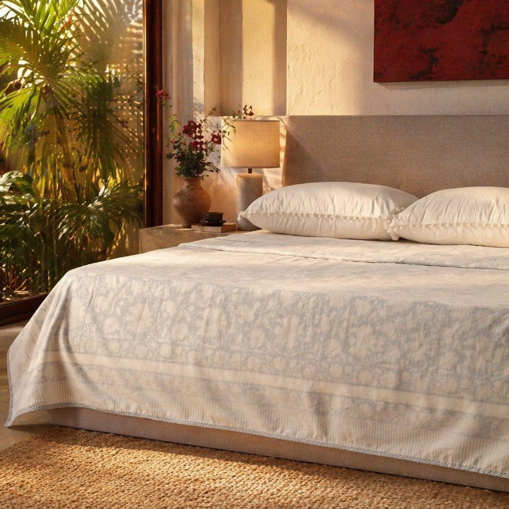 Sanganer Mulmul Hand-Printed Cotton Dohar, The Linen Room. Handmade in India by House of Taraasha.
