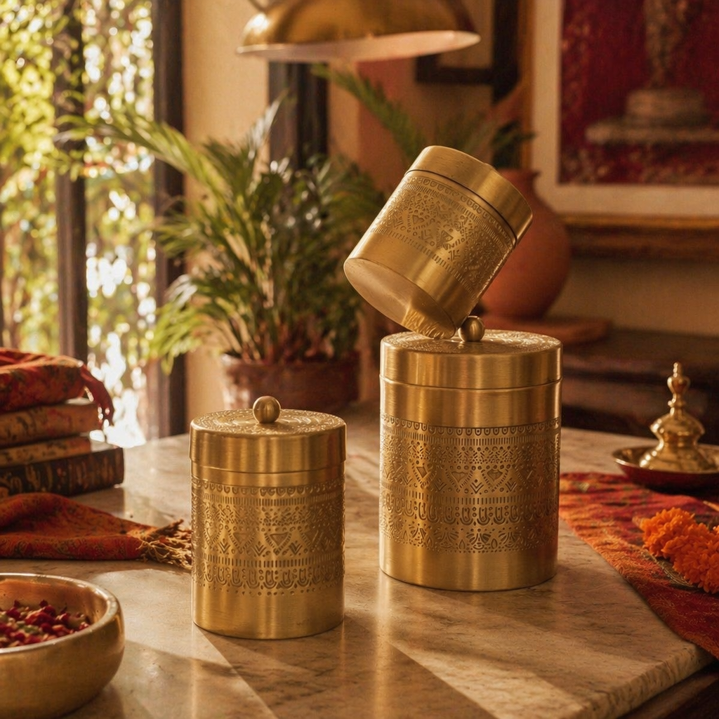 Moradabad Floral-Etched Brass Dabba Set of Three, The Brass Atelier. Handmade in India by House of Taraasha.