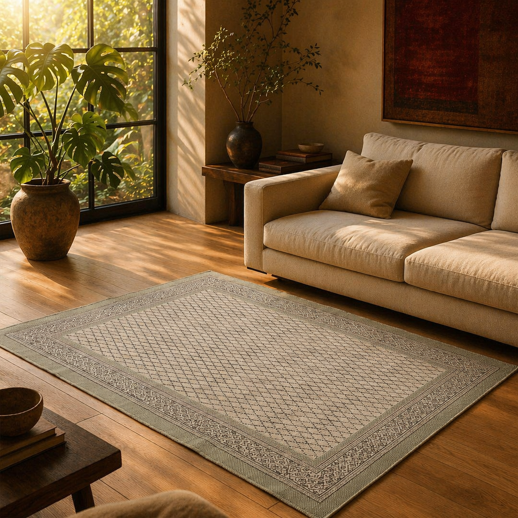 Aqua Green Hand Block-Printed Cotton Floor Rug, The Woven Floor. Handmade in India by House of Taraasha.