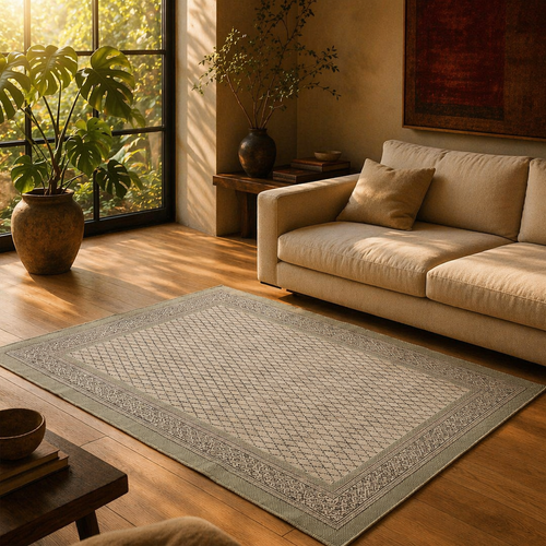Aqua Green Hand Block-Printed Cotton Floor Rug, The Woven Floor. Handmade in India by House of Taraasha.