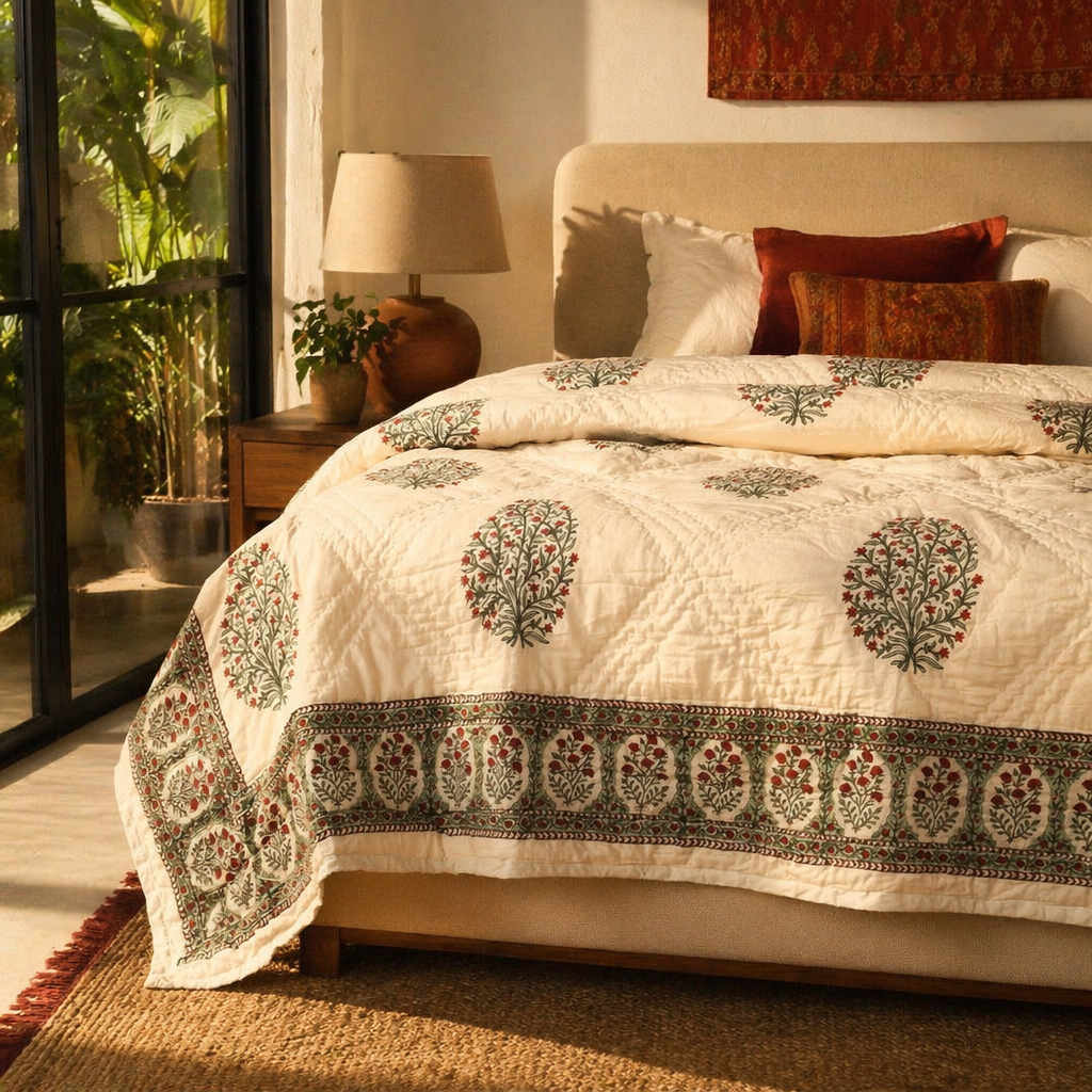 Mughal Florals White and Green Jaipuri Razai, The Linen Room. Handmade in India by House of Taraasha.