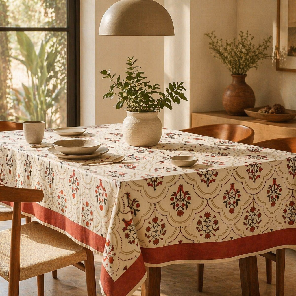 Rust & Maroon Ornate Floral Cotton Tablecloth, The Gathered Table. Handmade in India by House of Taraasha.