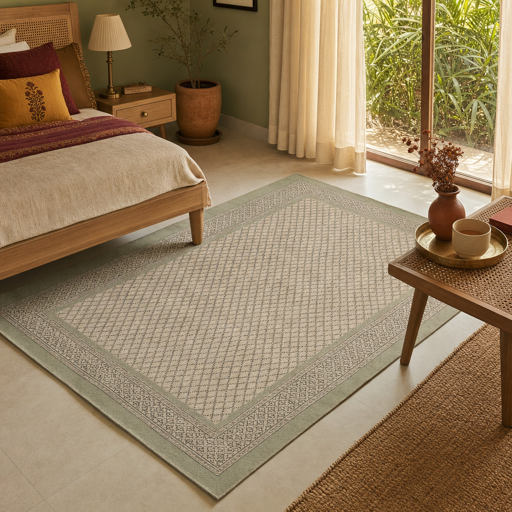 Aqua Green Hand Block-Printed Cotton Floor Rug in a modern home
