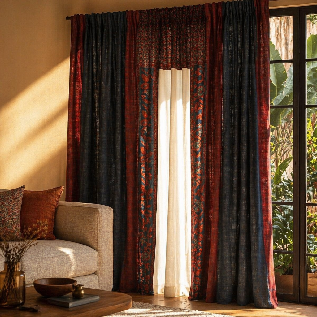 Chintz Assorted Set Maroon, Navy and Ivory Cotton Curtains, The Draped Window. Handmade in India by House of Taraasha.