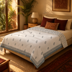 Sanganer Blue Mulmul Cotton Quilted Comforter, The Linen Room. Handmade in India by House of Taraasha.