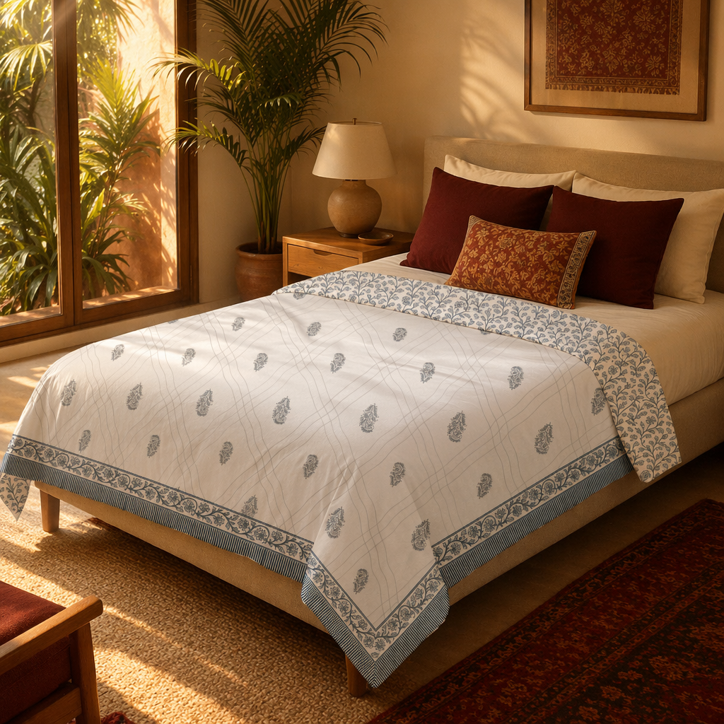 Sanganer Blue Mulmul Cotton Quilted Comforter, The Linen Room. Handmade in India by House of Taraasha.