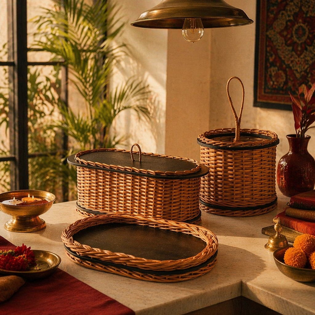 Kashmiri Willow Wicker Bread, Tray & Cutlery Set, The Brass Atelier. Handmade in India by House of Taraasha.