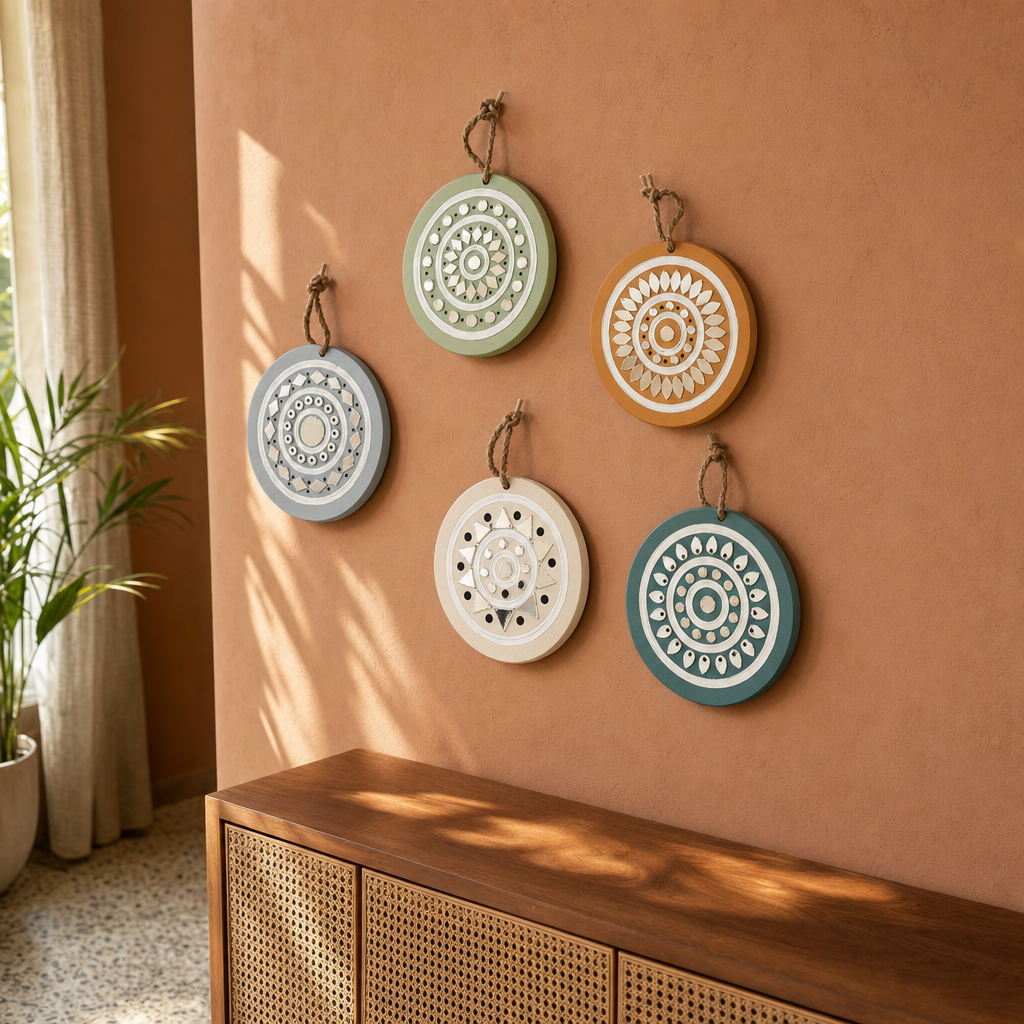 Lippan Mud Art Hanging Ornaments Pastel Set of Five in a modern home
