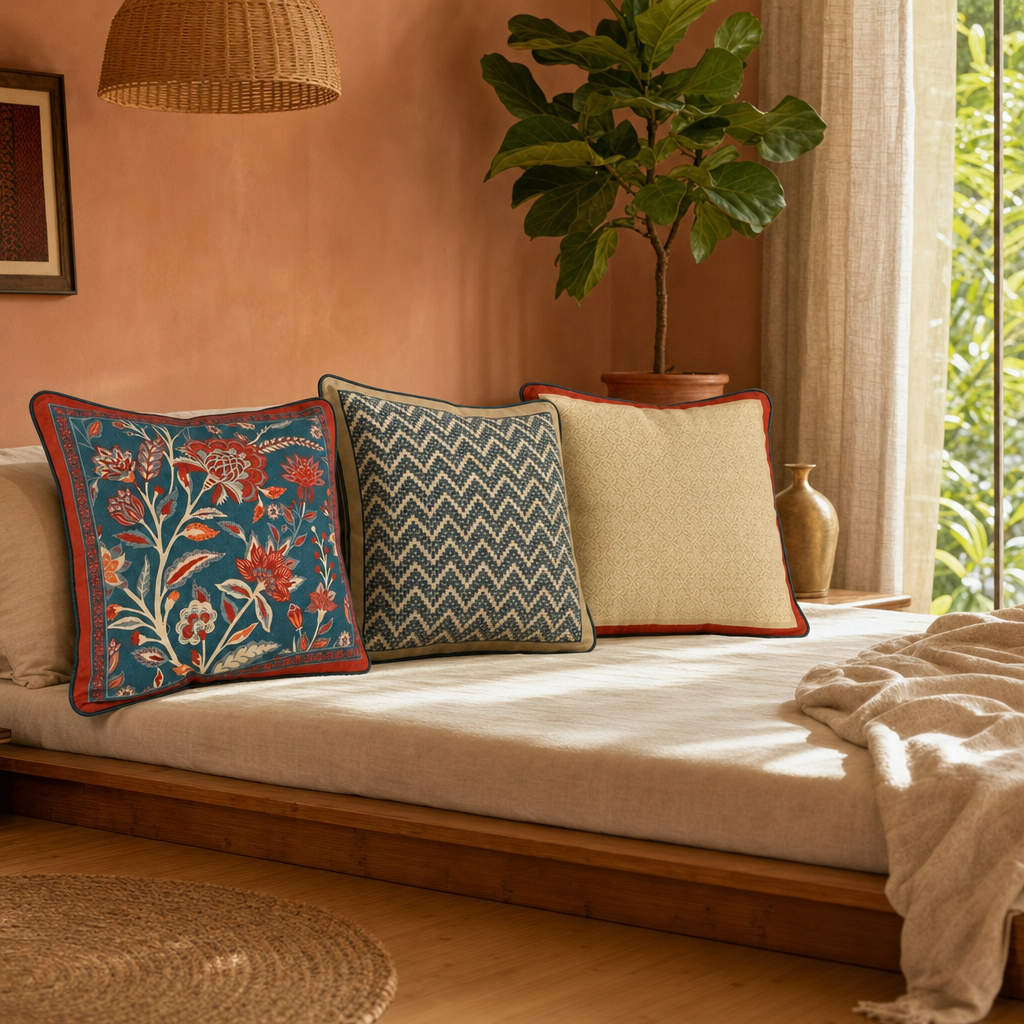 Chintz Trio Hand Block-Printed Cotton Cushion Set in a modern home
