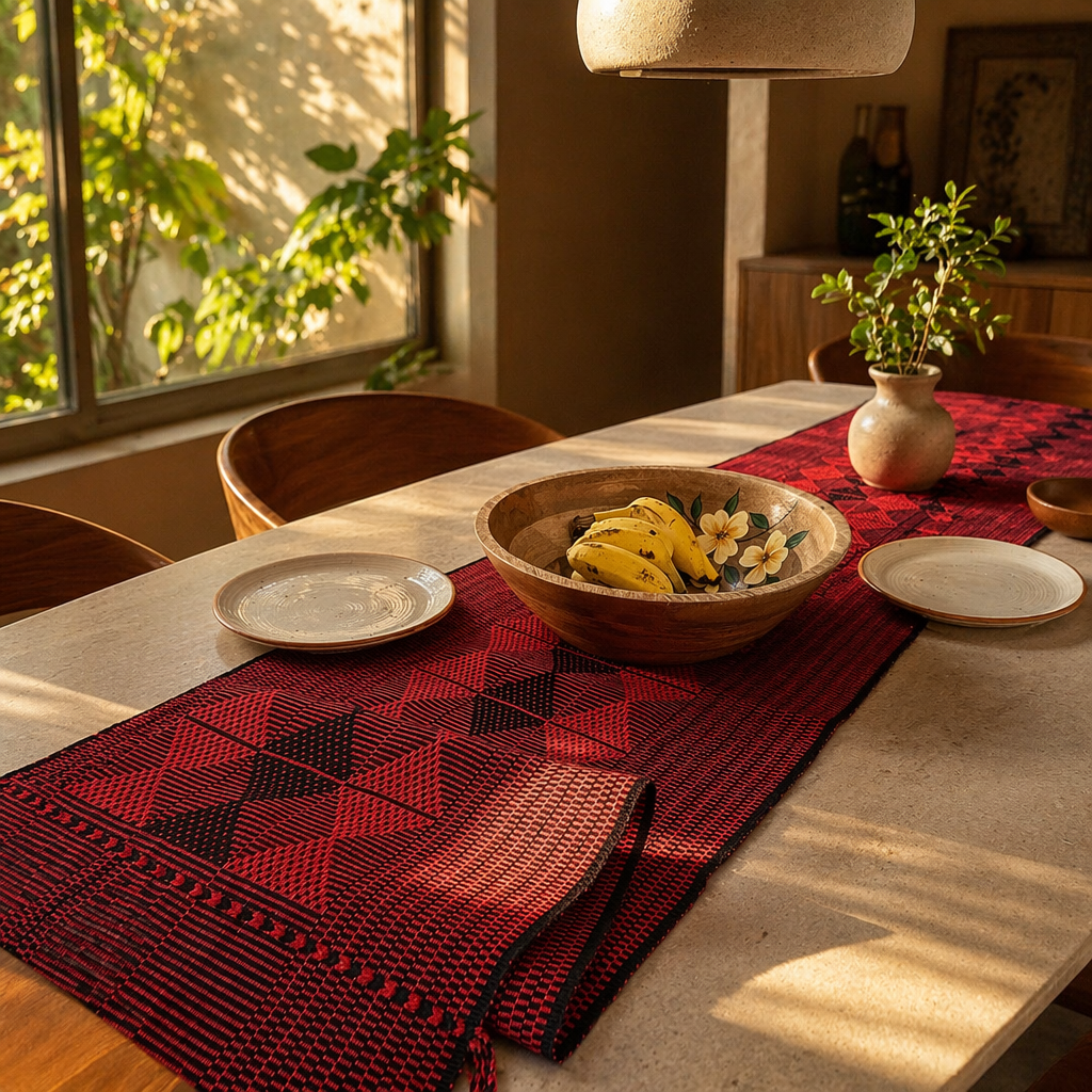 Red & Black Arrowhead Naga Backstrap-Woven Runner, The Gathered Table. Handmade in India by House of Taraasha.