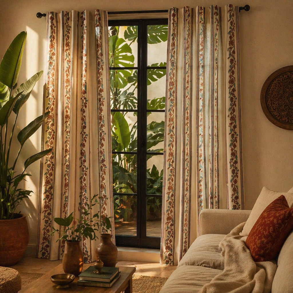 Chintz Sheer Off-White, Brick Red and Navy Striped Floral Curtain, The Draped Window. Handmade in India by House of Taraasha.
